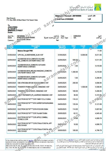 UAE Commercial Bank of Dubai statement of account Word and PDF template